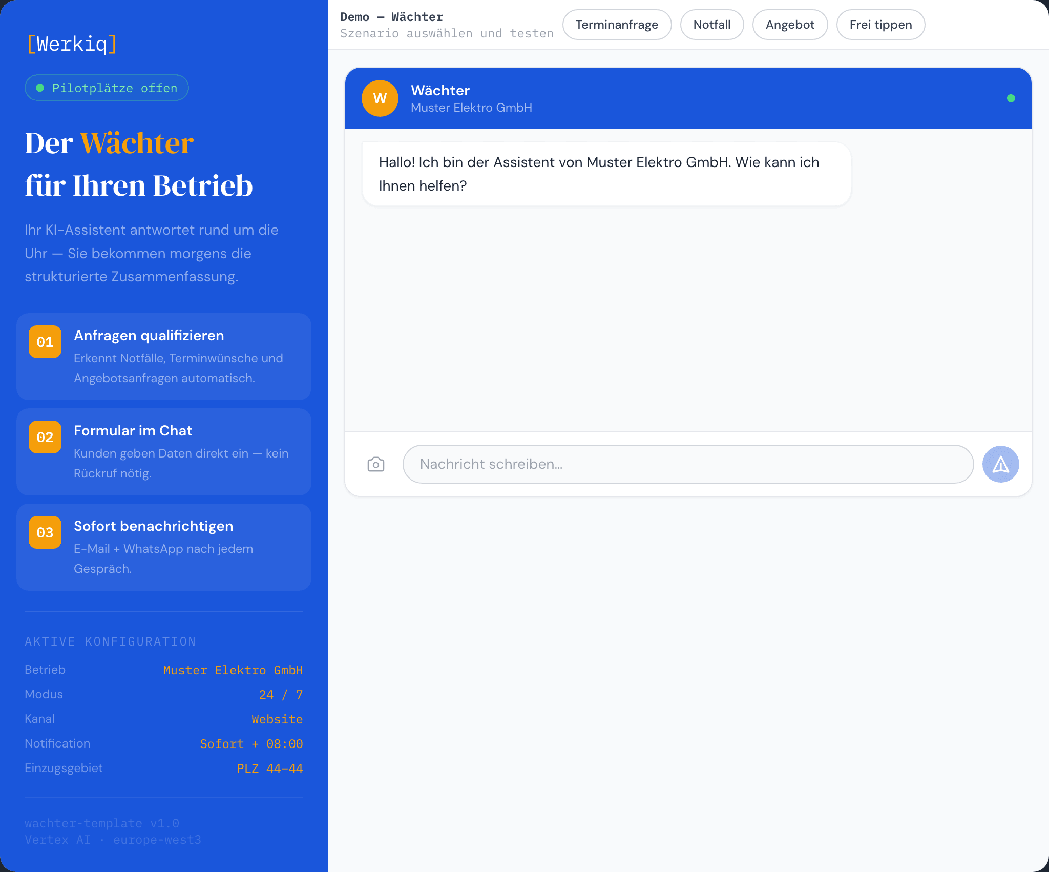 Vollständige Oberfläche von DER WÄCHTER mit Projektinformationen, Szenarioauswahl, Chat-Assistent und aktiver Konfiguration