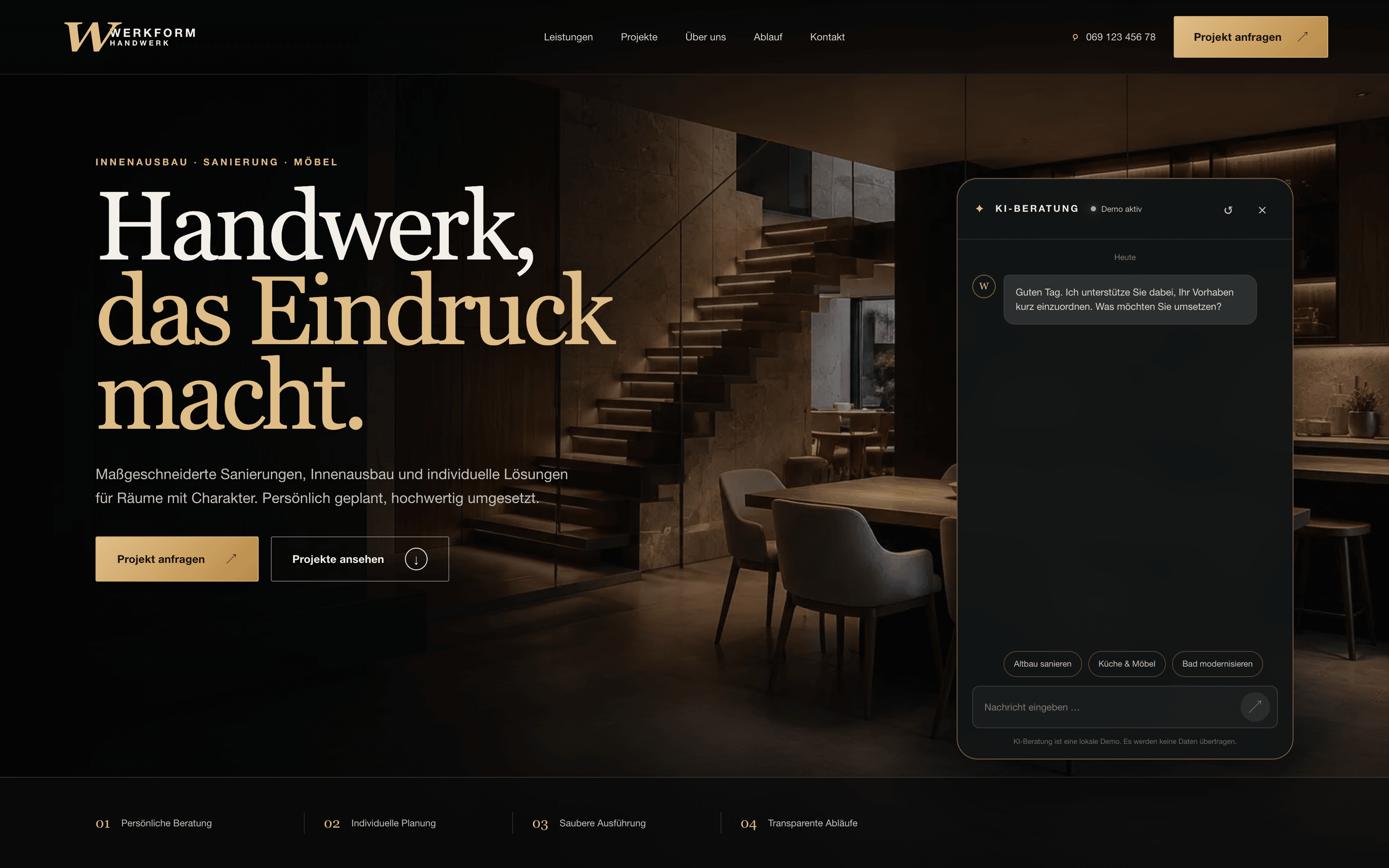 WERKFORM-Handwerkskonzept mit Interior-Hero und geöffneter lokaler KI-Beratung