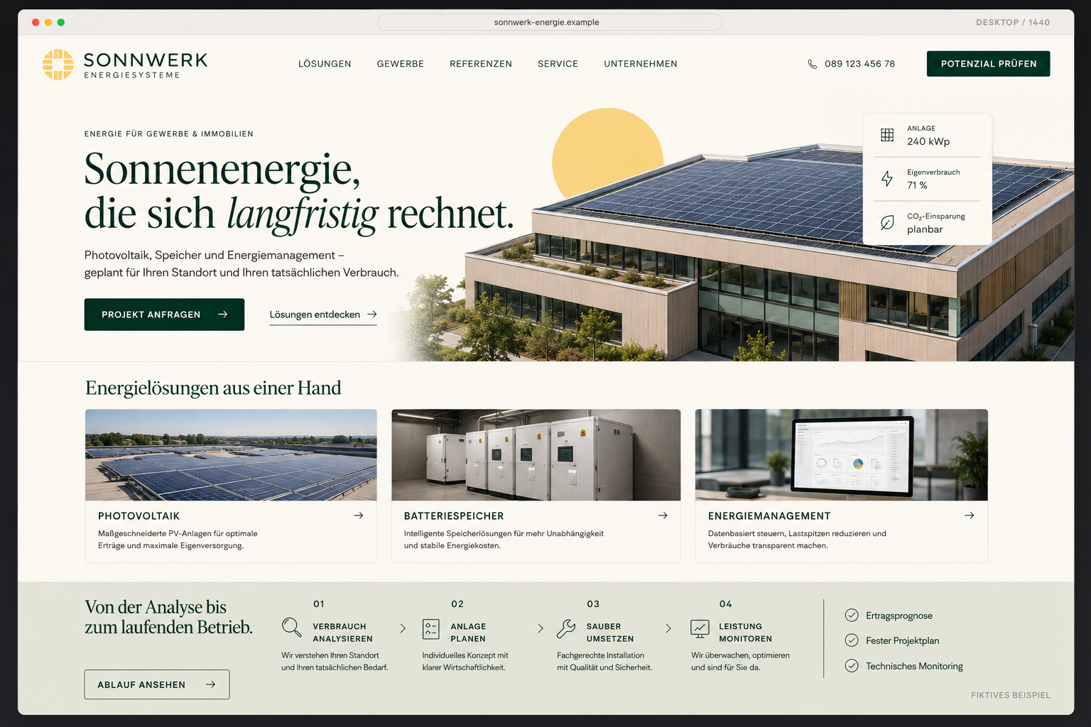 Fiktive Website von SONNWERK Energiesysteme mit Photovoltaik-, Speicher- und Energiemanagement-Angebot